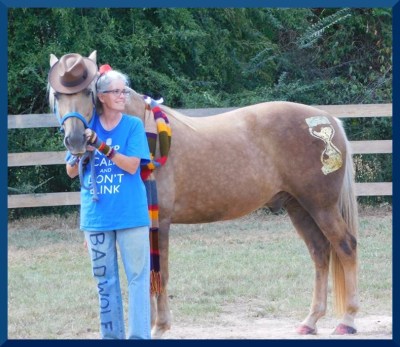 Macho needed protection from the scary horses in costume.