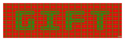 Computer drawing spelling out the word gift with gift boxes