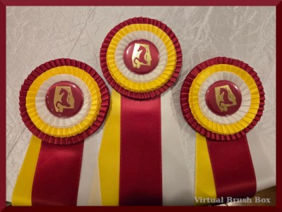 Photo of three horse show ribbons