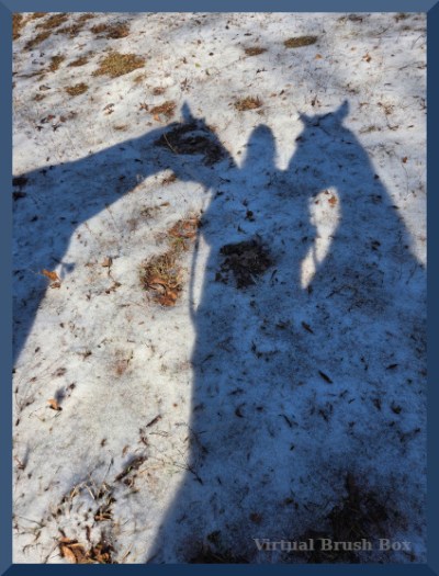 photo with shadows of one person and two horses