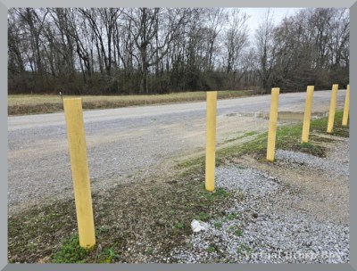photo of a gravel road lined with yellow bollards