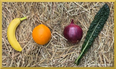 Photo of a banana, an orange, an onion, and a kale leaf lying on hay