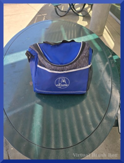 Blue bag on green oval picnic table