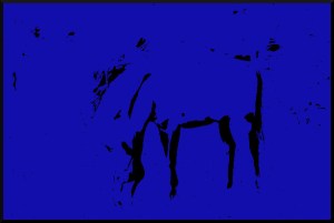 Black & blue computer line drawing of two horses grazing