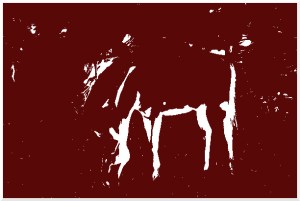 White and red computer line drawing of two horses grazing