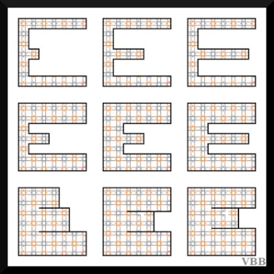 computer graphic of the letter E with an interior starburst pattern, nine variations