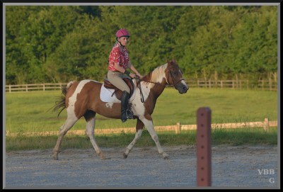 Photo of woman in flowered shirt riding a brown & white pony
