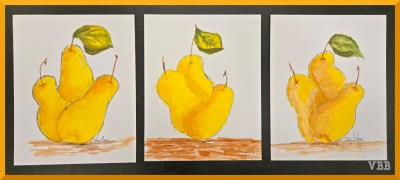 photo of a three paintings of pears