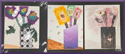 photo of three mixed media paintings of flowers in a vase