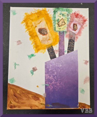 photo of a mixed media painting of flowers in a vase