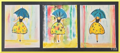 photo of three acrylic paintings of woman walking