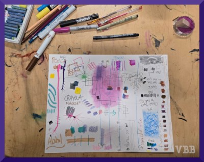photo of pens and a piece of paper with miscellaneous marks, resting on a table