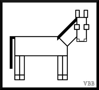 Computer drawing of horse made from rectangles, black and white