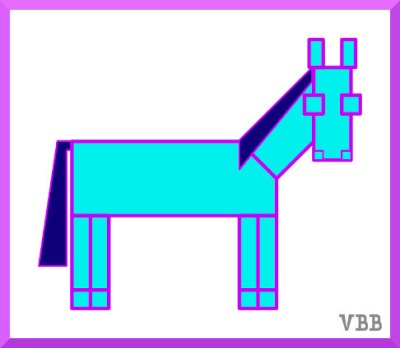 Computer drawing of horse made from rectangles, blue and pink