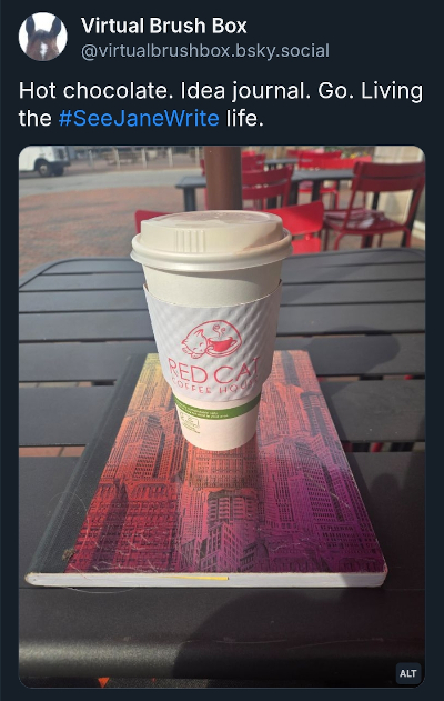 Bluesky post of cup of hot chocolate on notebook on an outside table, street in background, with caption Hot chocolate. Idea Journal. Go. Living the #SeeJaneWrite life.