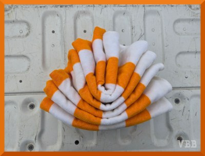 Photo of an orange and white towel folding into fan, resting on a white tailgate