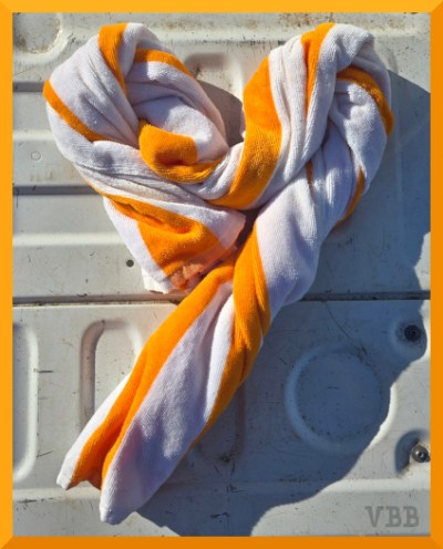 Photo of an orange and white striped towel folded into the shape of the letter Y, resting on a white tailgate.