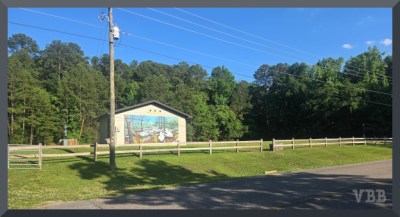 Photo of a shed in a green field surrounded by trees, a fence, and a power line