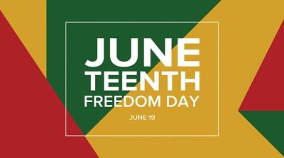 Graphic of the words Juneteenth Freedom Day June 19 in white letters on a red, yellow and green background