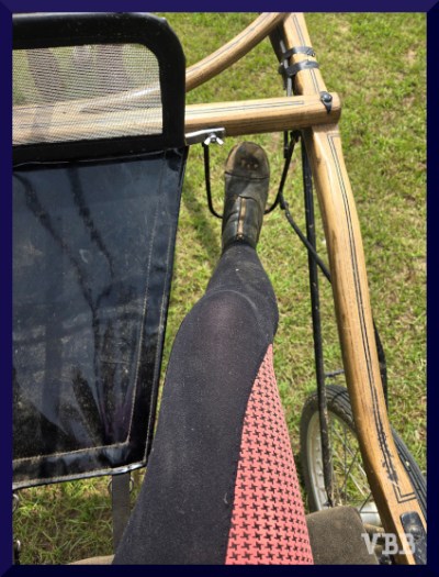 Photo in a jog cart showing driver's leg and part of the cart.