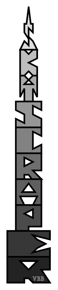 Graphic of the word SKYSCRAPER written vertically in varying grayscale.