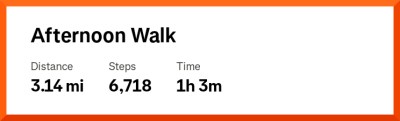 Strava numbers to go with map. Distance 3.14 miles. Steps 6,718. Time 1 hour 3 minutes.