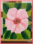Photo of painting of pink flower with green leaves.