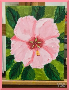 Photo of painting of pink flower with green leaves.