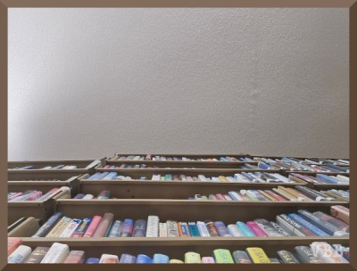 Photo of metal bookshelves taken from a low angle.