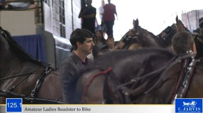 Screenshot of a man in a suit coat standing amid several horses.