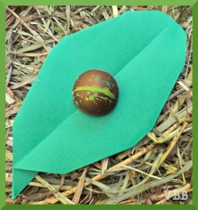Photo of a round piece of chocolate with green drizzles sitting on a green paper leaf resting on hay.