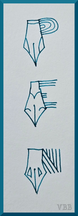 Graphic of the word PEN with fountain pen nibs as ascenders