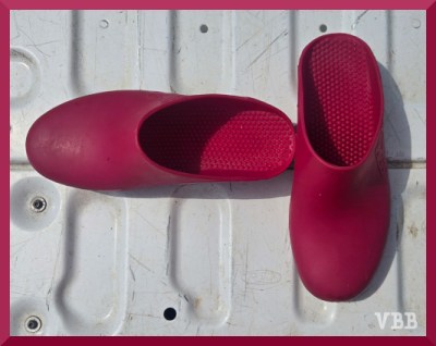Overhead photo of a pair of pink rubber clogs.
