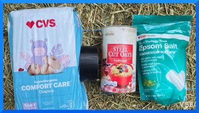 Photo of four items necessary for hoof poultice: diapers, tape, oatmeal, Epsom salt.