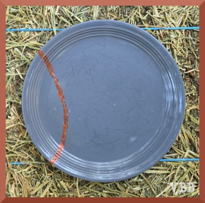 Photo of a blue plate with a mended copper-colored crack.